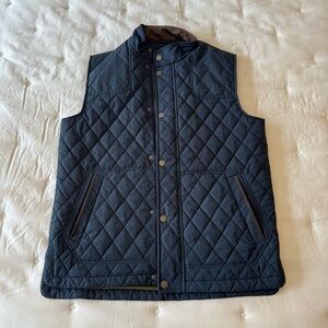 Orvis Quilted Navy Vest with Brown Trim